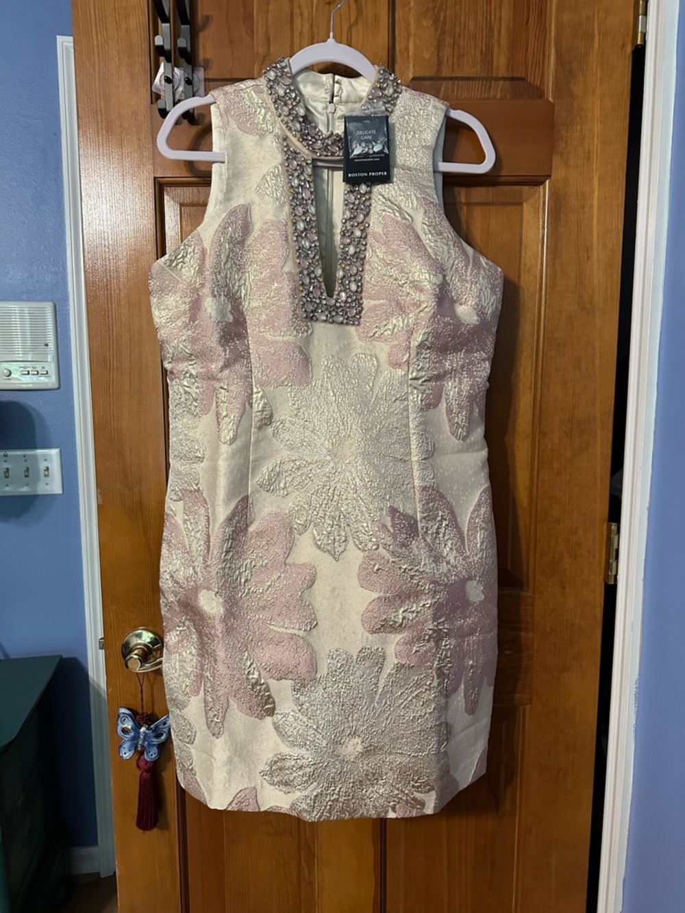 Boston Proper Cream & Blush Beaded Neck Midi Dress